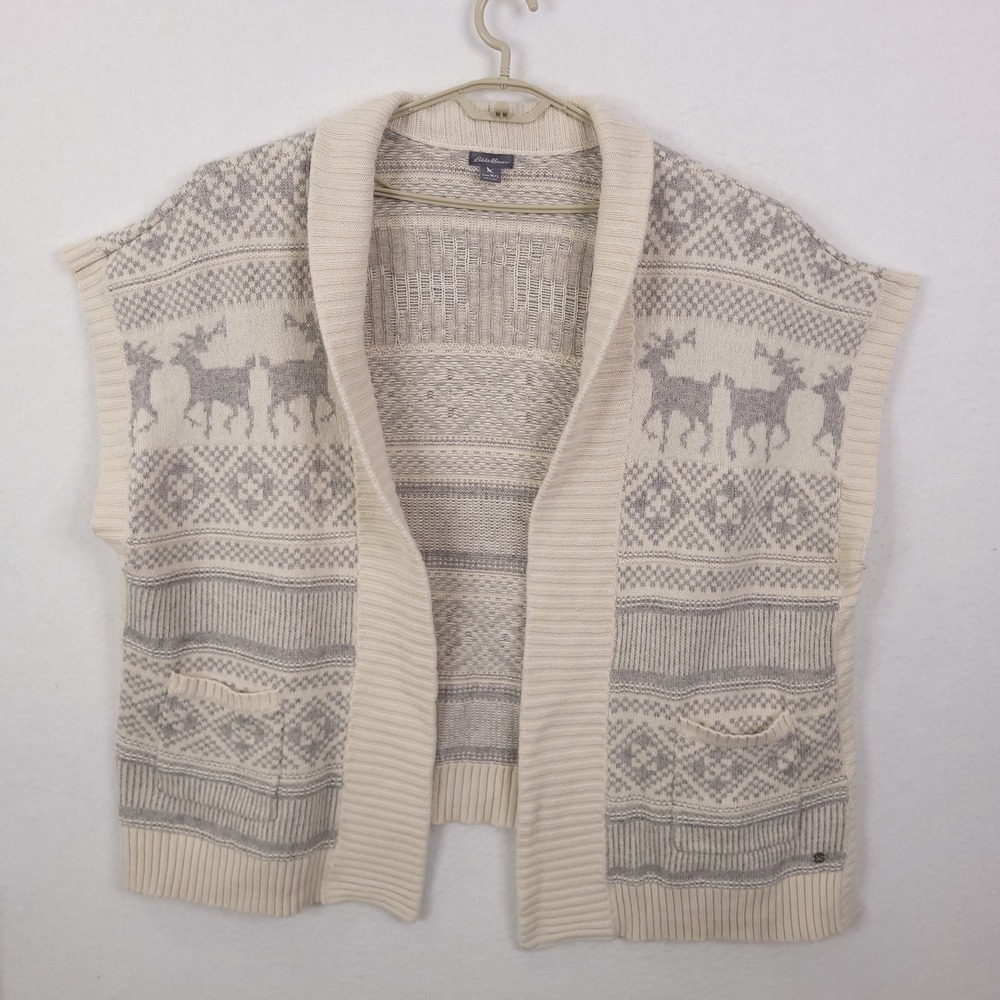 Eddie Bauer Cardigan Vest Women M/L Cream Gray Excellent Reindeer Fair Isle Knit